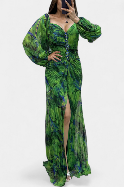 Vestido Maxi Plisado Quintessa con Mangas Largas y Estampado Colorido