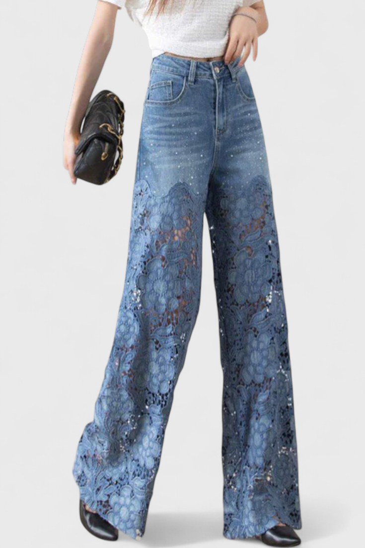 Jasiel Pantalones Palazzo de Denim con Encaje y Bordado Floral