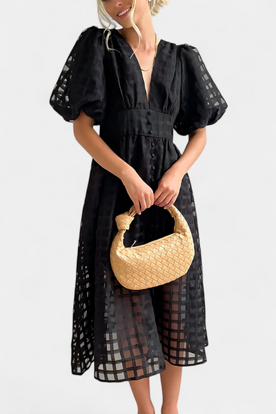 Vestido Midi Marigold de Manga Abullonada con Diseño de Cuadrados