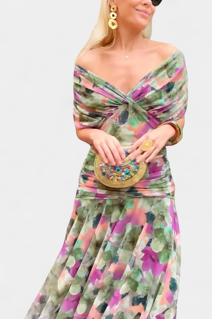 Vestido Largo Alondra con Estampado Floral y Escote en V