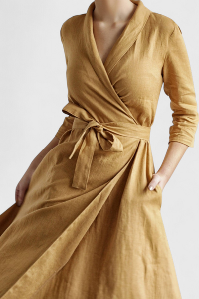 Vestido Midi Vintage Sharon de Algodón y Lino con Cuello Solapa
