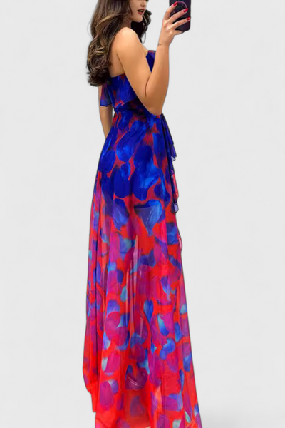 Vestido Maxi Sin Mangas Andy con Capas de Volantes y Abertura en Gradiente