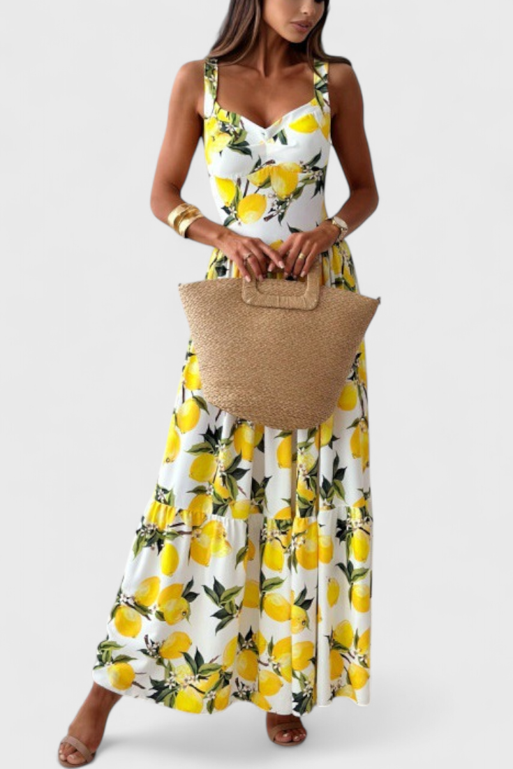Huda Vestido Maxi de Limones con Tirantes y Abertura Lateral