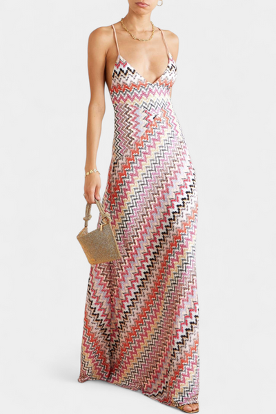 Vestido Largo de Punto Multicolor con Escote Profundo y Espalda Cruzada - Francia