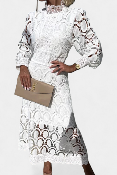 Vestido Midi de Encaje Lucinda con Mangas Abullonadas y Cuello Alto