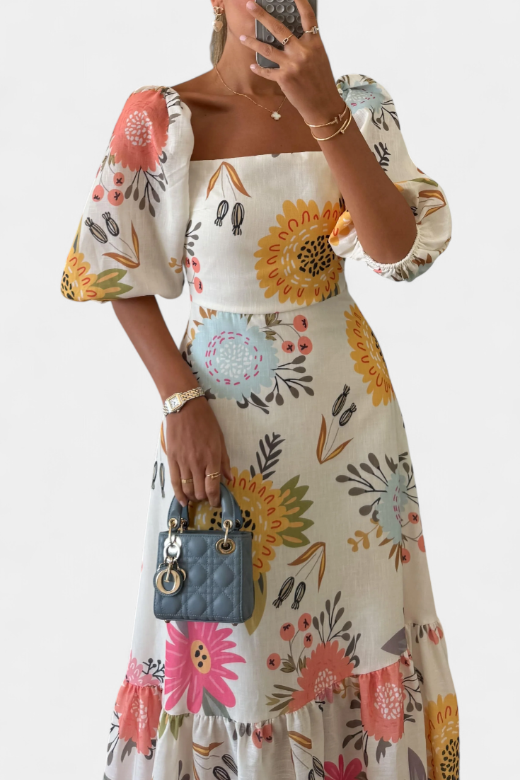 Kacey Vestido Midi de Algodón con Estampado Floral y Mangas Abullonadas