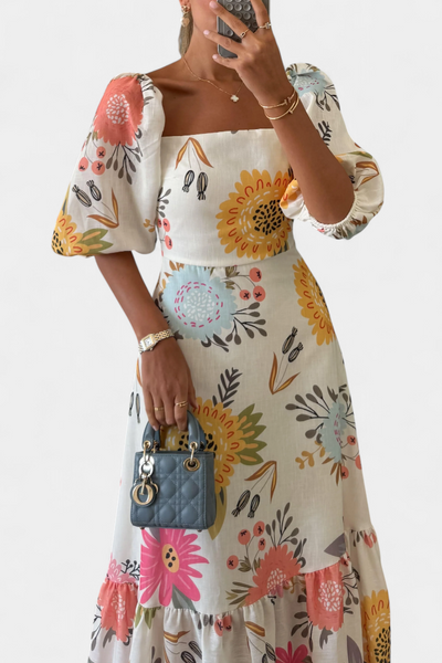 Kacey Vestido Midi de Algodón con Estampado Floral y Mangas Abullonadas