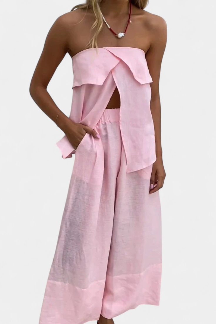Oriana Conjunto Sin Tirantes con Falda Abierta en Color Sólido