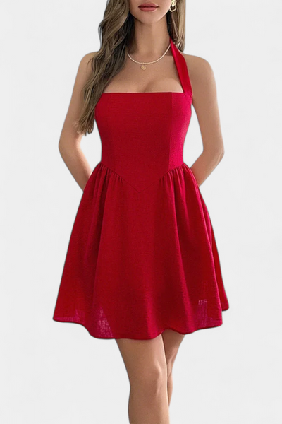 Kassandra Mini Halter Dress with Open Back and Flared Silhouette