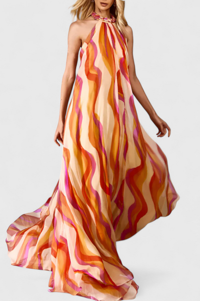 Vestido Maxi Halter Remi con Estampado Ondulado y Detalles Trenzados Elegantes