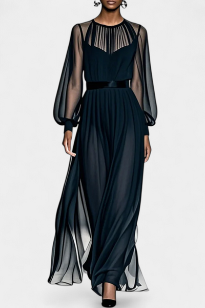 Aurelia Vestido Maxi de Gasa Plisada con Detalles Transparentes