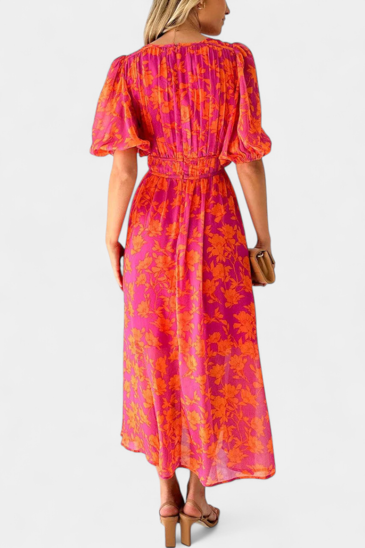 Vestido Midi Floral Wren con Escote en V y Mangas Abullonadas