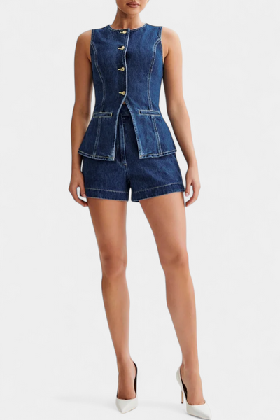 Chaleco Denim Sin Mangas Raya y Shorts de Cintura Alta