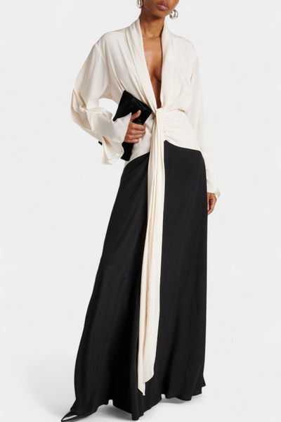 Slyune Vestido Maxi de Noche con Escote en V y Detalles en Contraste