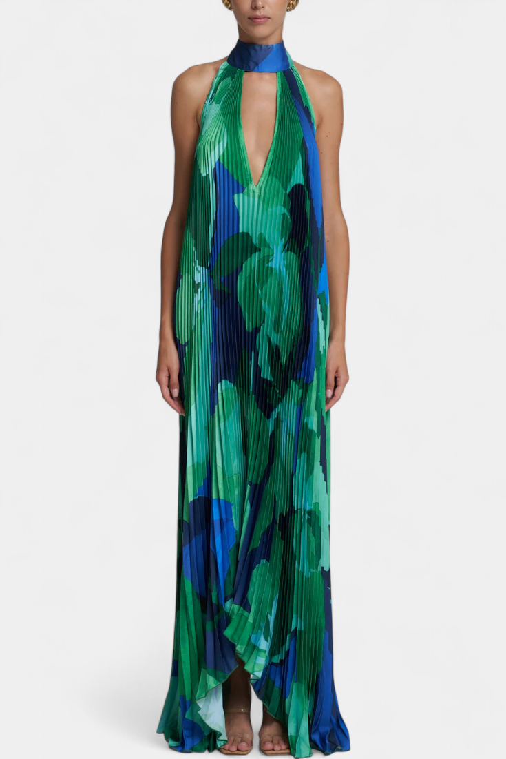 Giselle Vestido Largo Plisado con Escote Halter y Fluidez Elegante