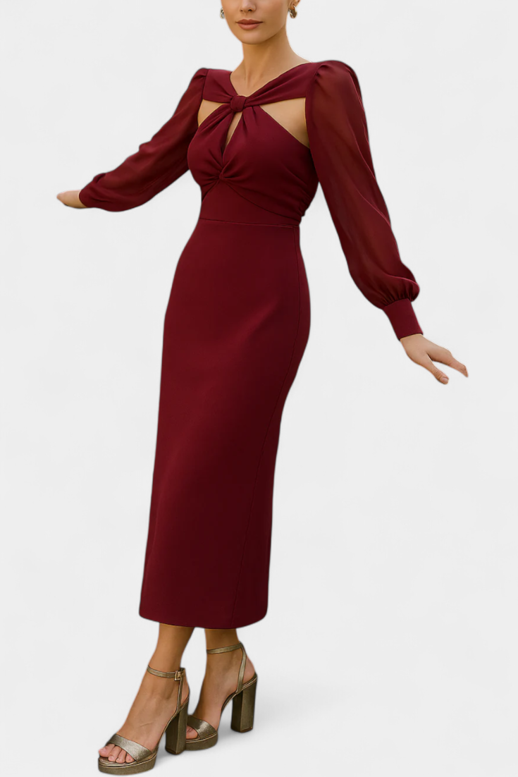 Vestido Midi Burdeos Julissa con Detalle Anudado y Espalda Descubierta