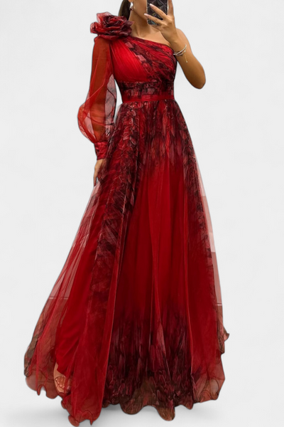 Vestido Maxi de Chiffón Becca con Hombros Descubiertos y Flor Voluminosa