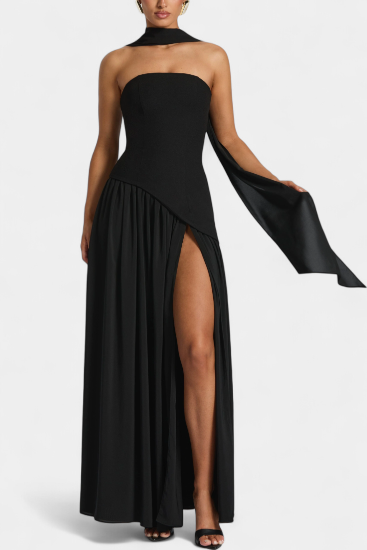Celaena Vestido Maxi Chiffon Off Shoulder con Abertura Lateral