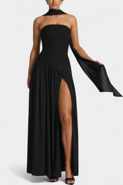 Celaena Vestido Maxi Chiffon Off Shoulder con Abertura Lateral