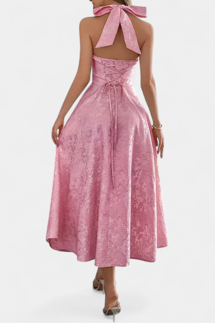 Gilda Midi Dress in Jacquard with Open Back and High Waist