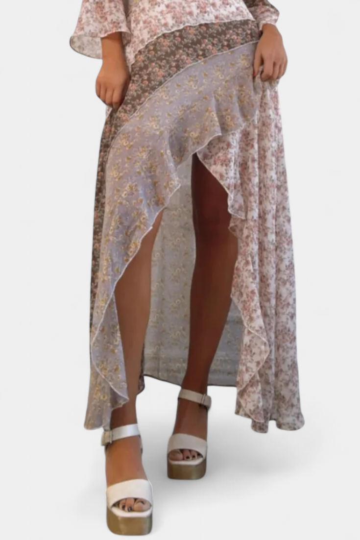 Vestido Largo Floral Ruth con Mangas 3/4 y Paneles con Volantes