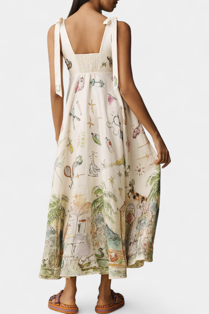 Vestido Largo con Cordones y Estampado Floral de Fantasía
