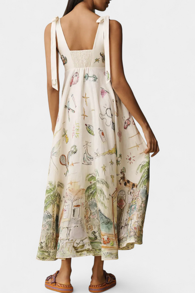 Vestido Largo con Cordones y Estampado Floral de Fantasía