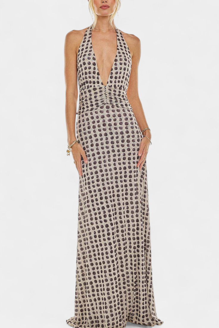 Vestido Maxi de Lunares Melodía con Escote Halter y Cintura Ajustada