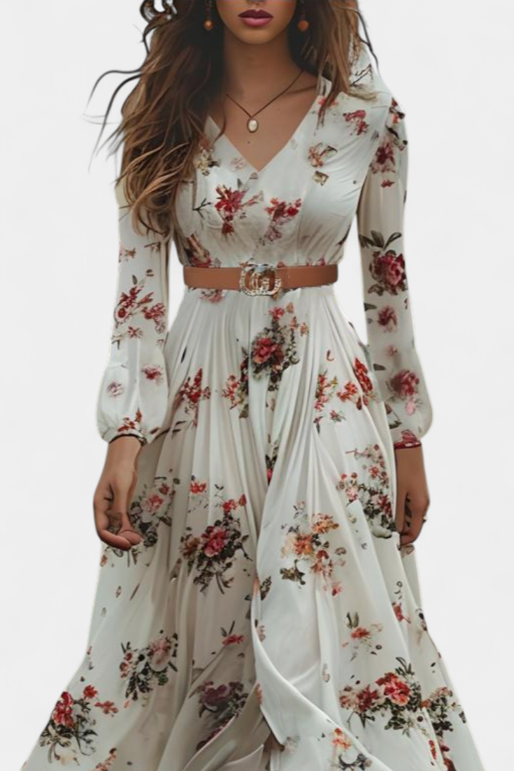 Vestido Maxi Floral Amanda con Cuello en V y Mangas Largas