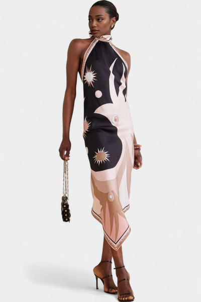 Vestido Rosenda con Espalda Abierta y Diseño Abstracto