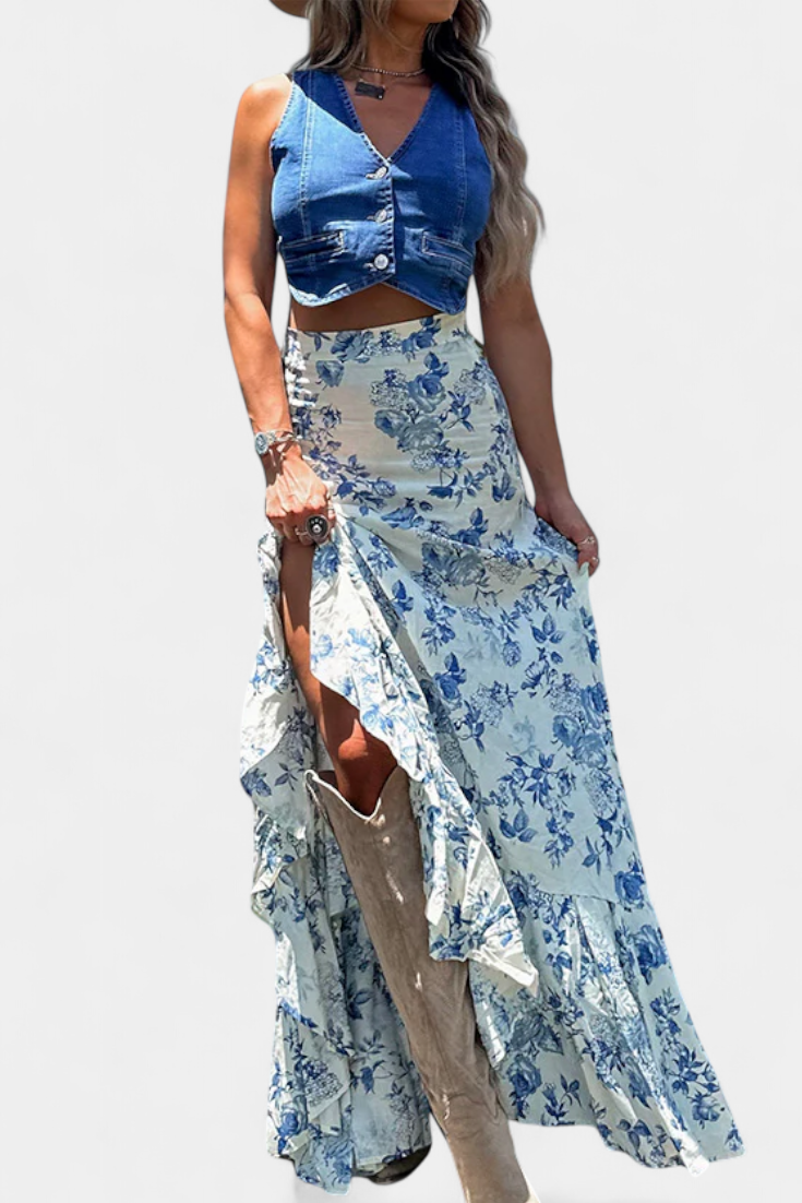 Maxi Falda Floral Kala con Abertura y Volantes