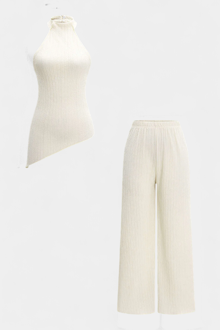 Pilarica Conjunto de Top Halter Asimétrico y Pantalón Fluido con Pliegues