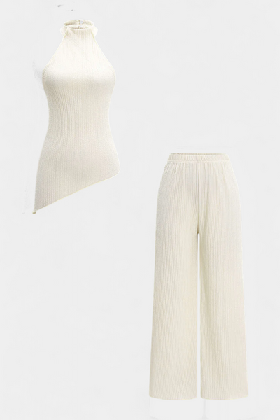 Pilarica Conjunto de Top Halter Asimétrico y Pantalón Fluido con Pliegues