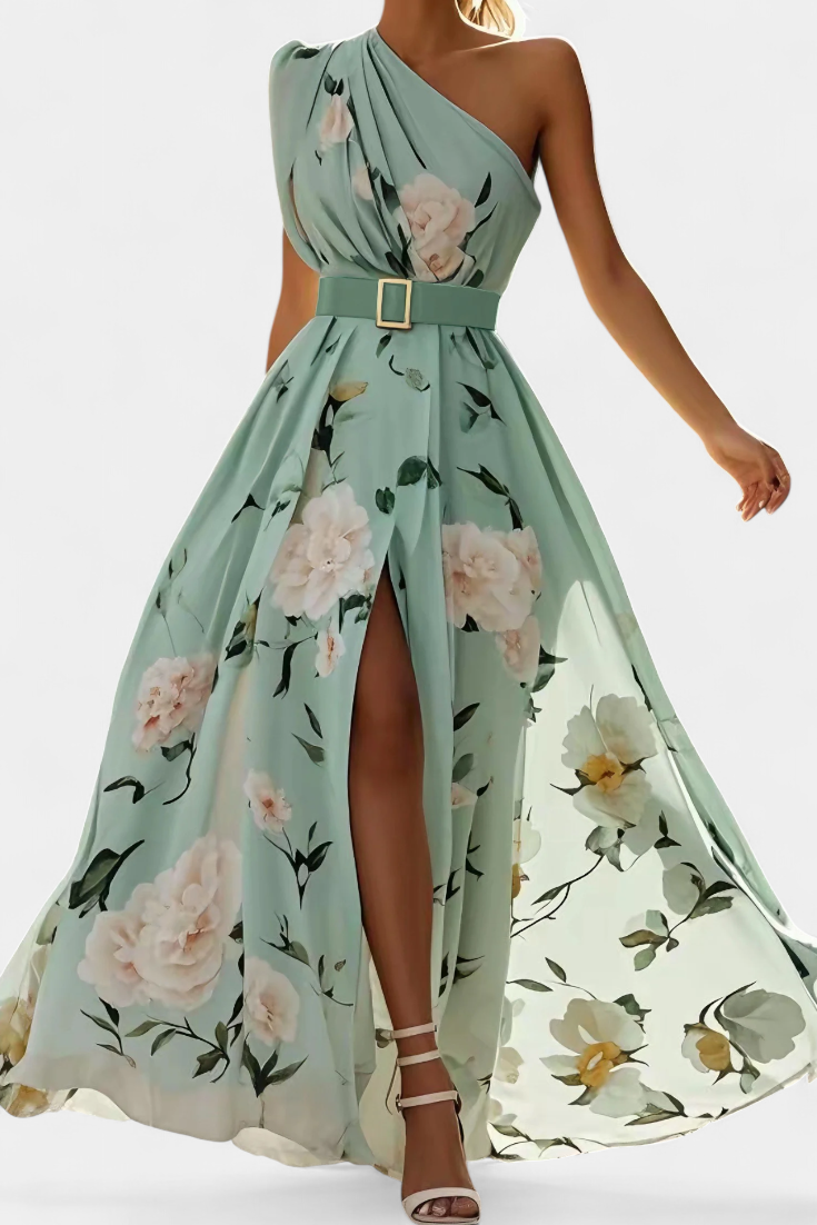Nila Vestido Floral con Detalles Fruncidos y Abertura de Gasa