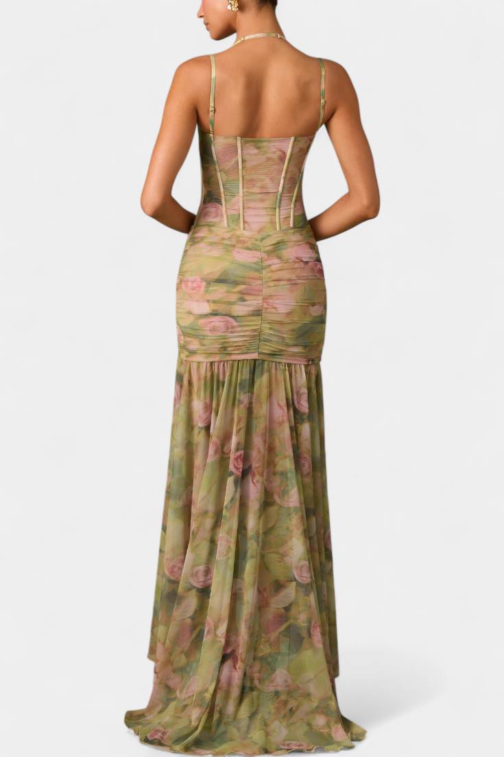Vestido Maxi Floral Asimétrico Amryn con Volantes