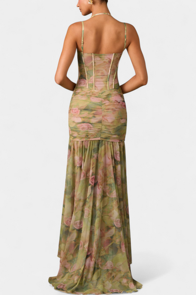 Vestido Maxi Floral Asimétrico Amryn con Volantes