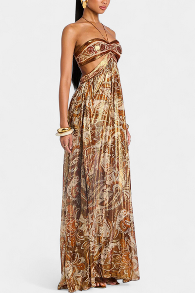 Tasha Vestido Maxi Halter con Espalda Abierta y Detalles Calados