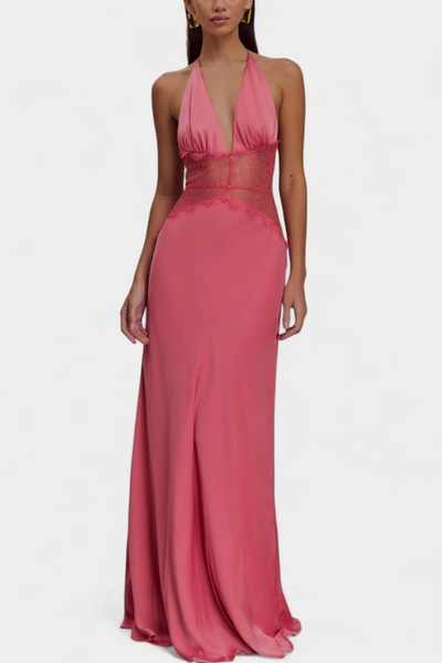 Vestido Largo Ashanty con Escote Halter y Cintura de Encaje Transparente
