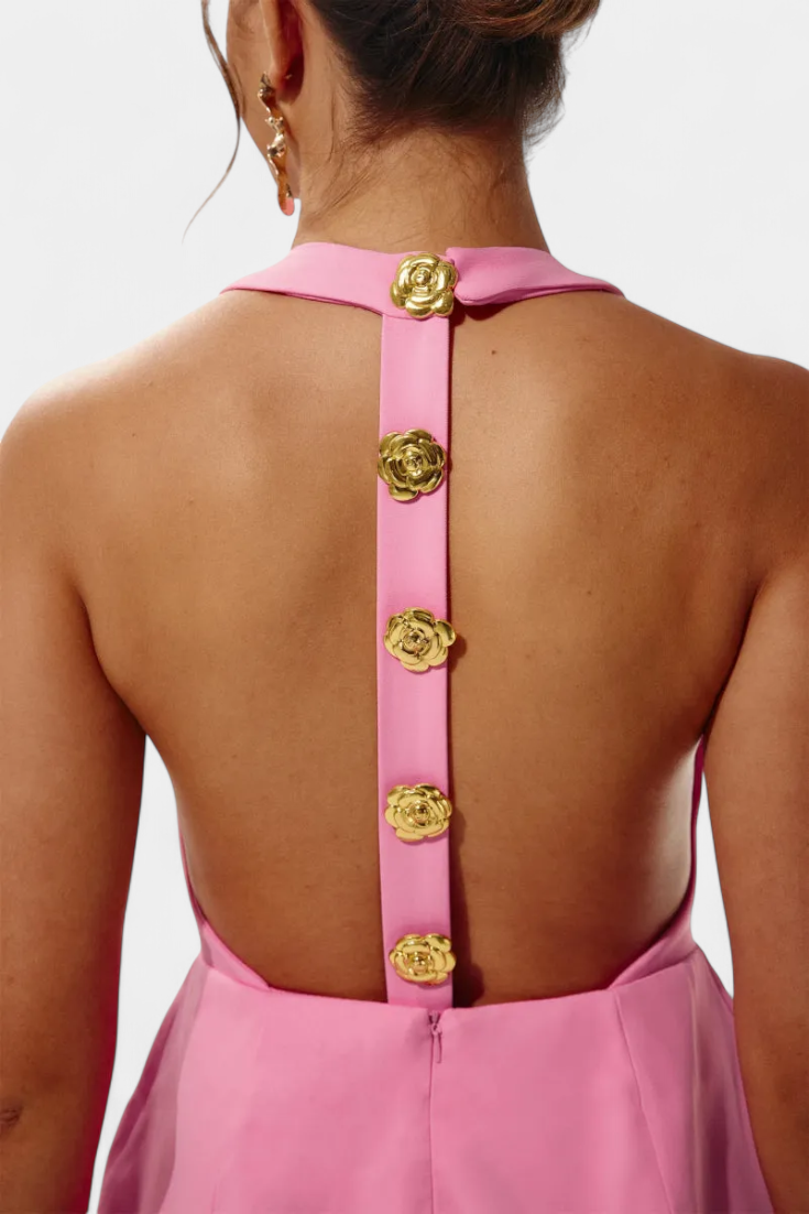 Yvonne Mini Vestido Halter con Espalda Abierta y Detalles Florales