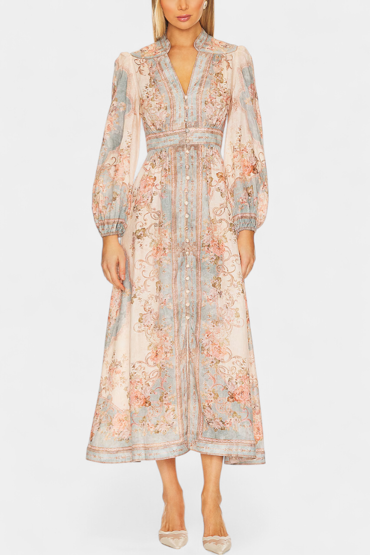Dorotila Vestido Maxi Acampanado con Estampado Floral, Botones y Mangas Abullonadas