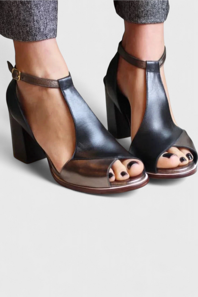 Vasilica Tacones Anchos con Punta Abierta, Diseño Patchwork y Correa en el Tobillo