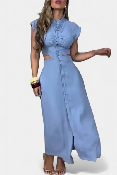 Vestido Midi Griselda con Botones y Cintura Descubierta