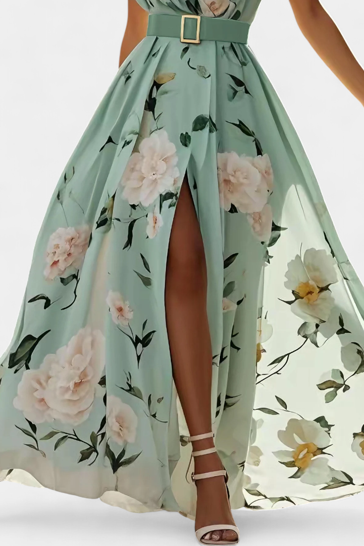 Nila Vestido Floral con Detalles Fruncidos y Abertura de Gasa