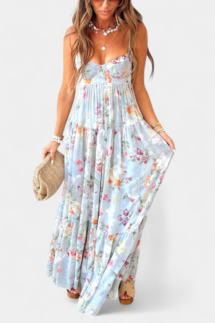 Vestido Floral Neha con Espalda Descubierta y Tirantes Delgados