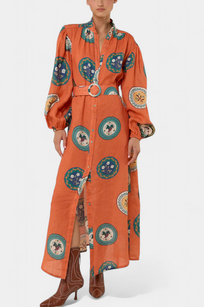 Sibley Vestido Maxi de Lino con Estampado Único y Cinturón