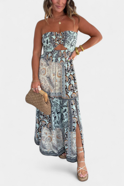 Vestido Largo Estampado Edurne con Escote Strapless