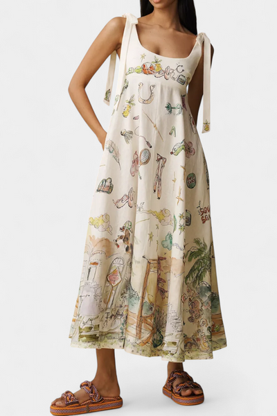 Vestido Largo con Cordones y Estampado Floral de Fantasía