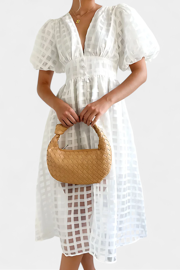 Vestido Midi Marigold de Manga Abullonada con Diseño de Cuadrados