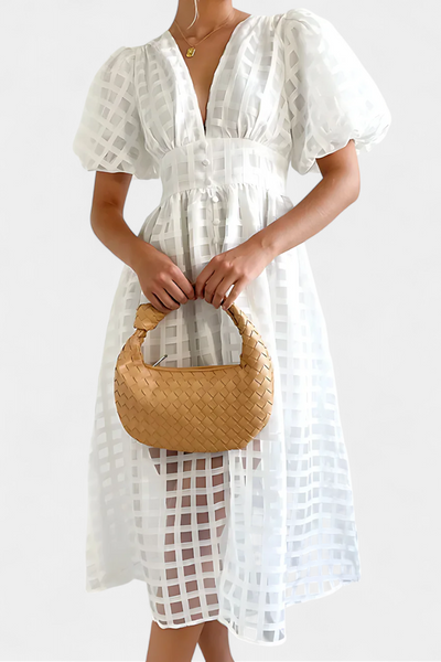 Vestido Midi Marigold de Manga Abullonada con Diseño de Cuadrados
