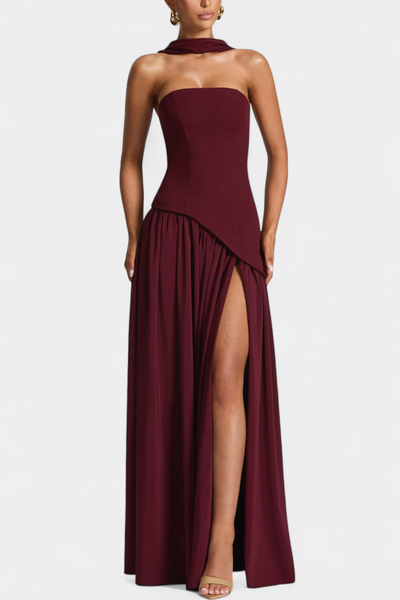 Celaena Vestido Maxi Chiffon Off Shoulder con Abertura Lateral